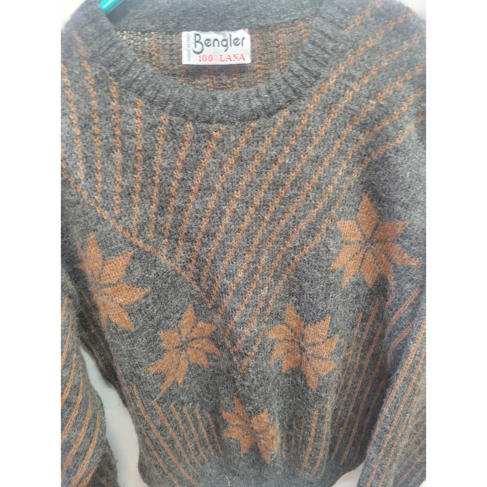 Vtg Bengler Wool Sweater Made In Italy Gray & Brown Floral Pattern Knitwear Sz M